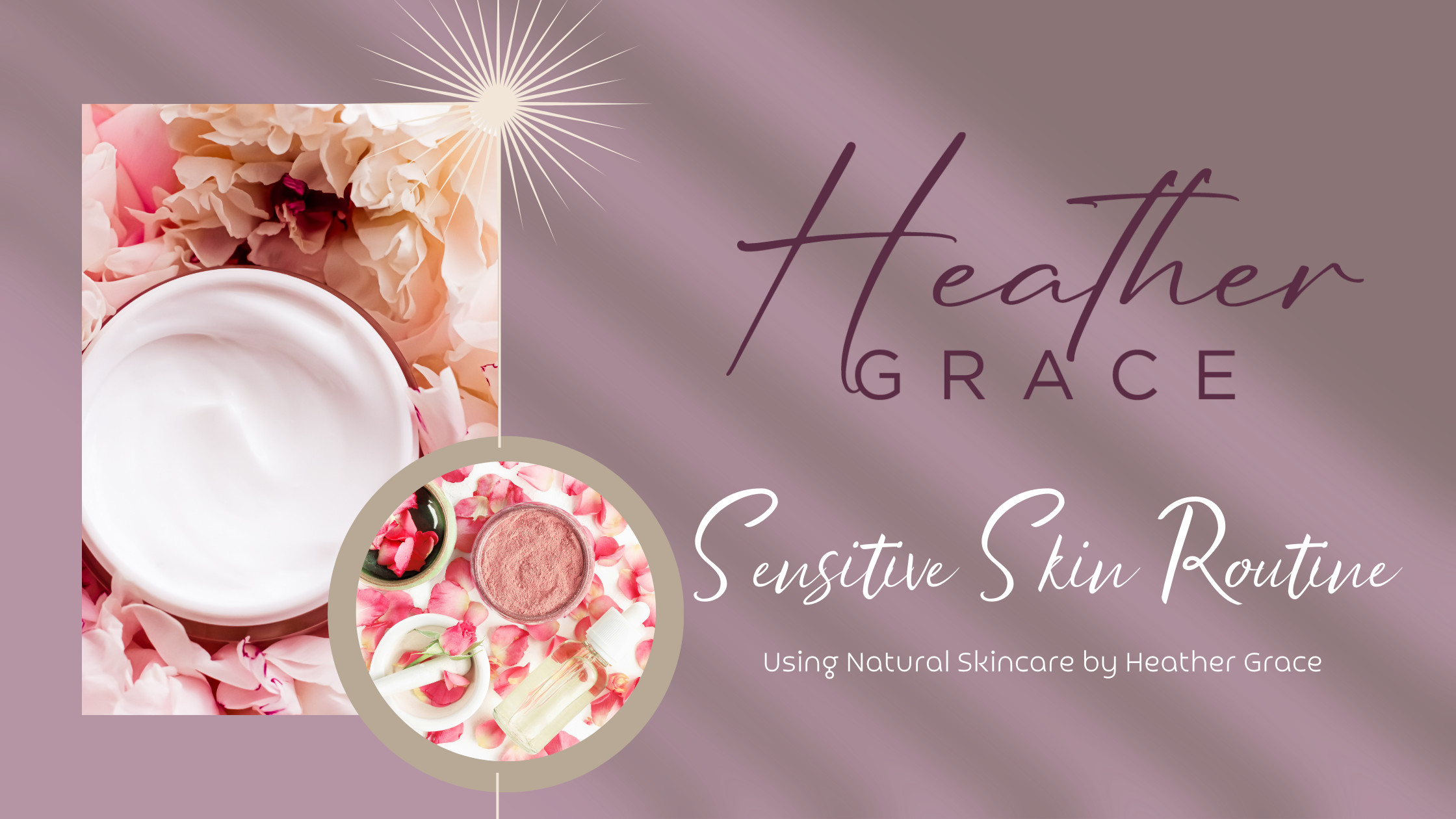 Cover slide of a presentation titled 'Introduction to sensitive skin and the importance of natural ingredients' by Heather Grace, featuring a grey circle with text 'Easy to follow routine' next to images of women applying skincare.