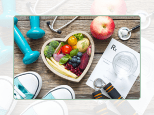 A collage showcasing a heart-shaped bowl filled with a variety of fresh fruits and vegetables, a pair of turquoise dumbbells, a stethoscope, an apple, a glass of water, and a prescription note with 'fruits and vegetables' written on it, symbolizing a healthy lifestyle for radiant skin.